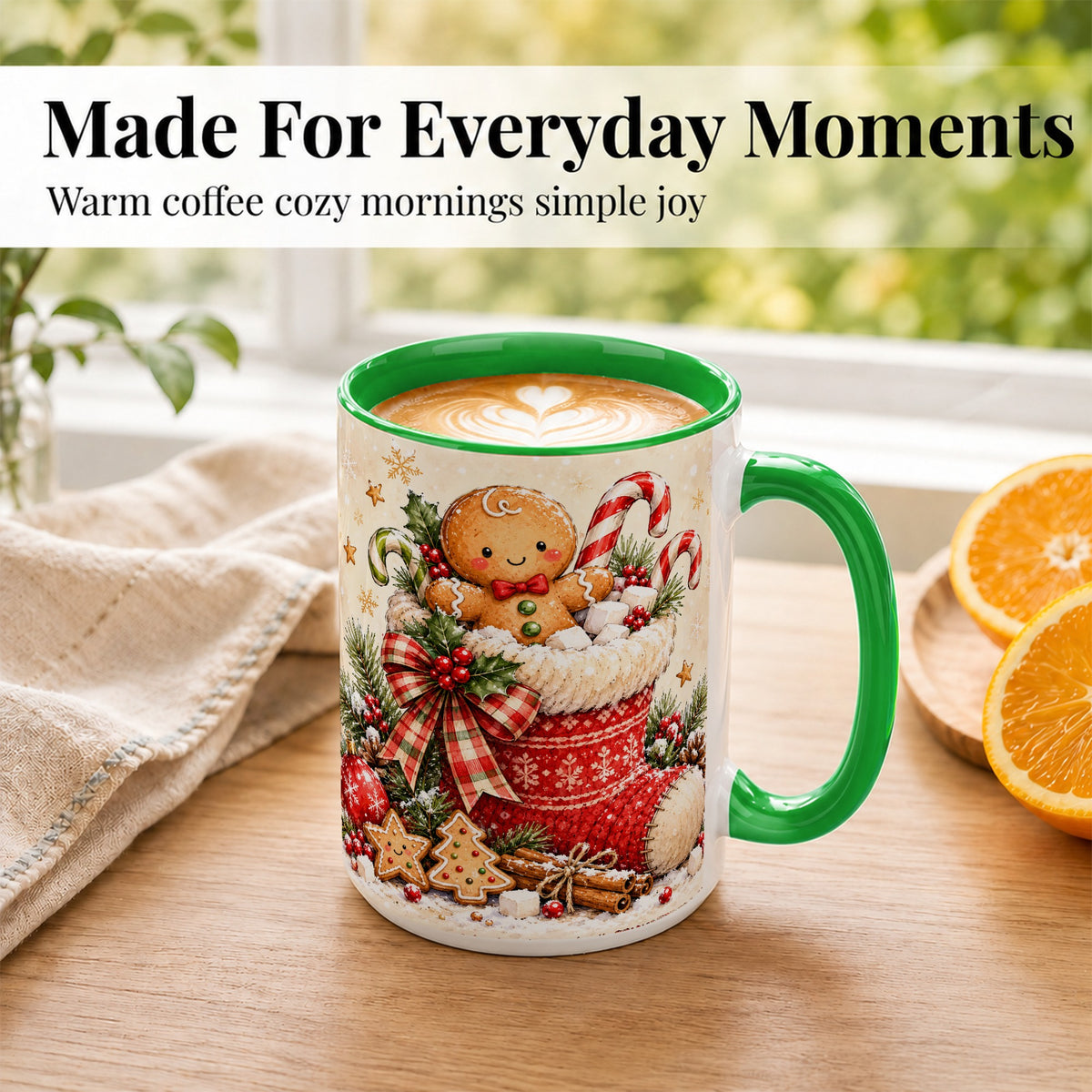 #pl[15oz|Green] Gingerbread Stocking Coffee Mug, Christmas Cookie Mug, Ceramic Cup