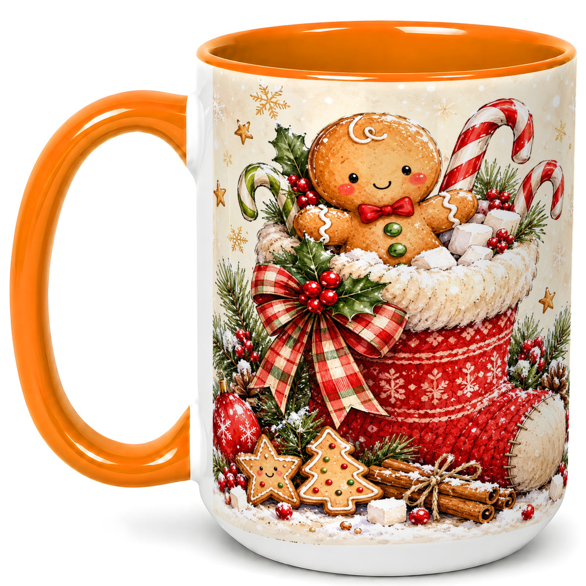 #pl[15oz|Orange] Gingerbread Stocking Coffee Mug, Christmas Cookie Mug, Ceramic Cup