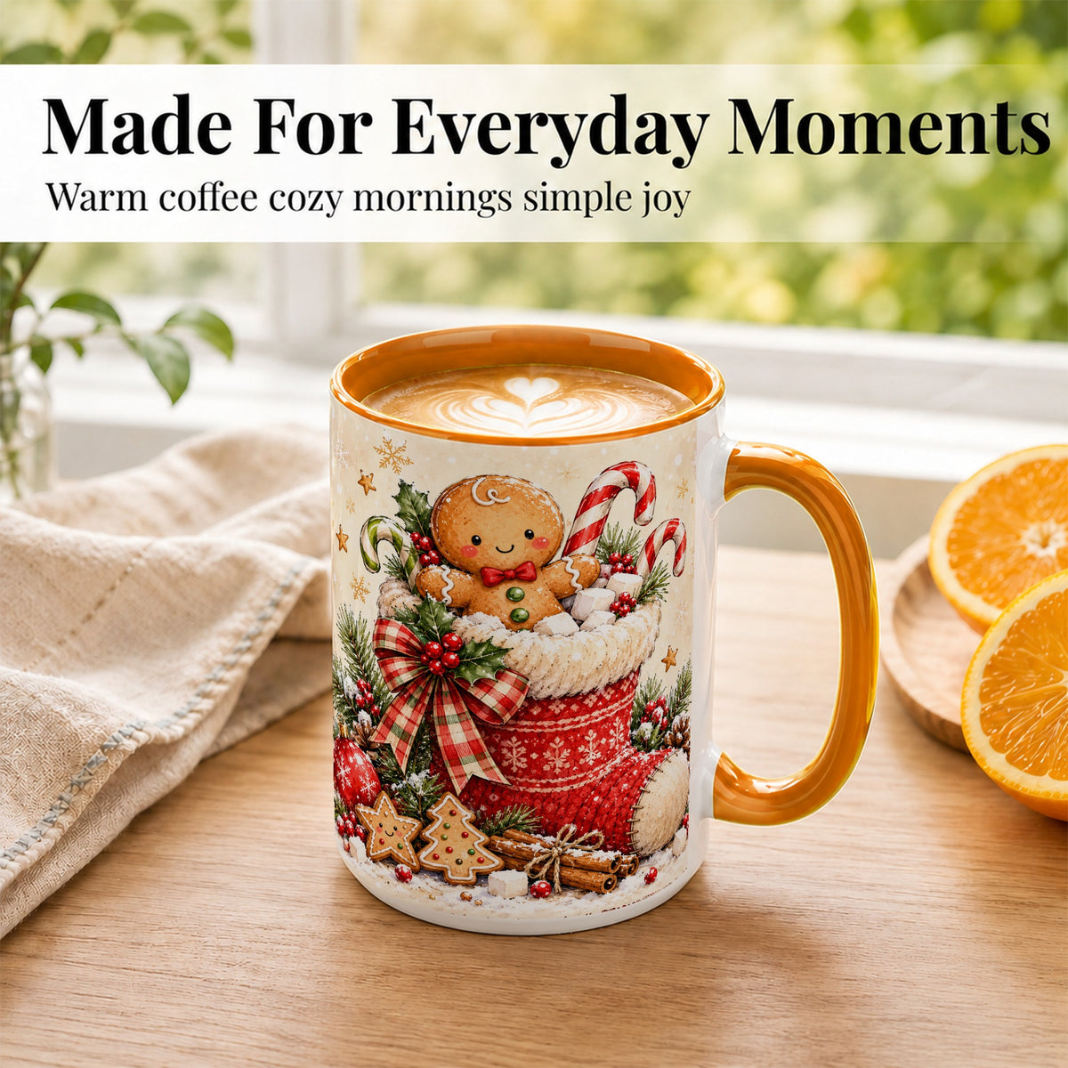 #pl[15oz|Orange] Gingerbread Stocking Coffee Mug, Christmas Cookie Mug, Ceramic Cup