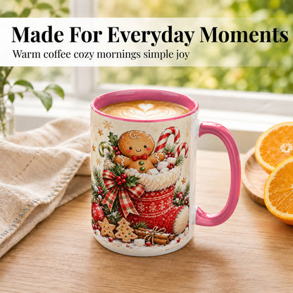 #pl[15oz|Pink] Gingerbread Stocking Coffee Mug, Christmas Cookie Mug, Ceramic Cup