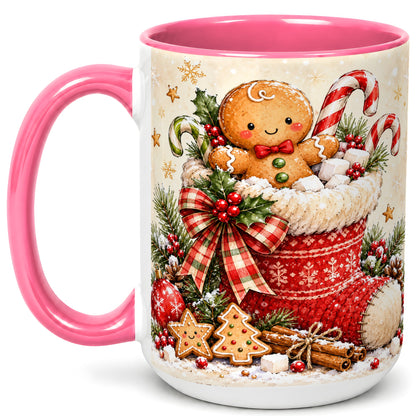 #pl[15oz|Pink] Gingerbread Stocking Coffee Mug, Christmas Cookie Mug, Ceramic Cup