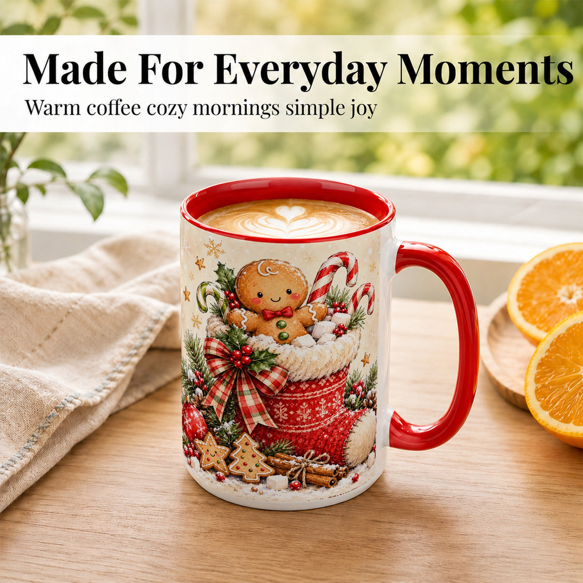 #pl[15oz|Red] Gingerbread Stocking Coffee Mug, Christmas Cookie Mug, Ceramic Cup