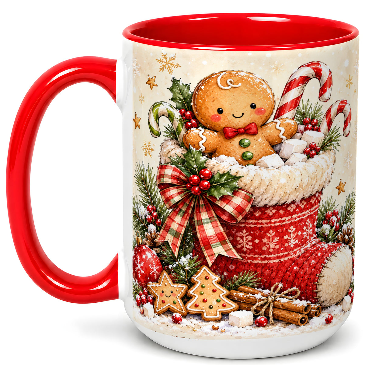 #pl[15oz|Red] Gingerbread Stocking Coffee Mug, Christmas Cookie Mug, Ceramic Cup