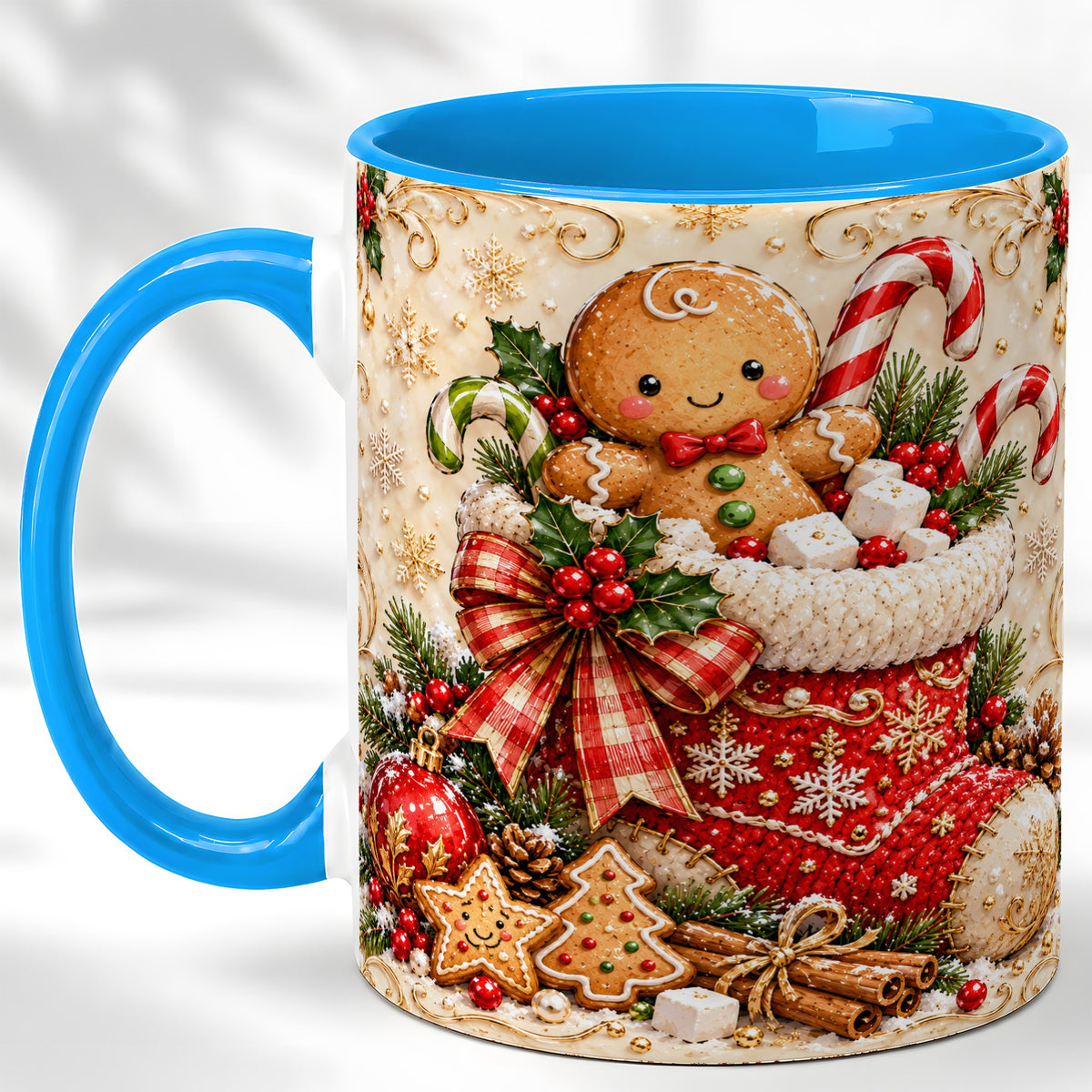 #pl[11oz|Blue] Ornate Gingerbread Coffee Mug, Christmas Cookie Mug, Ceramic Cup