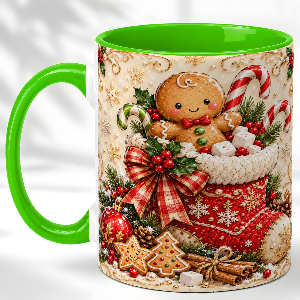 #pl[11oz|Green] Ornate Gingerbread Coffee Mug, Christmas Cookie Mug, Ceramic Cup