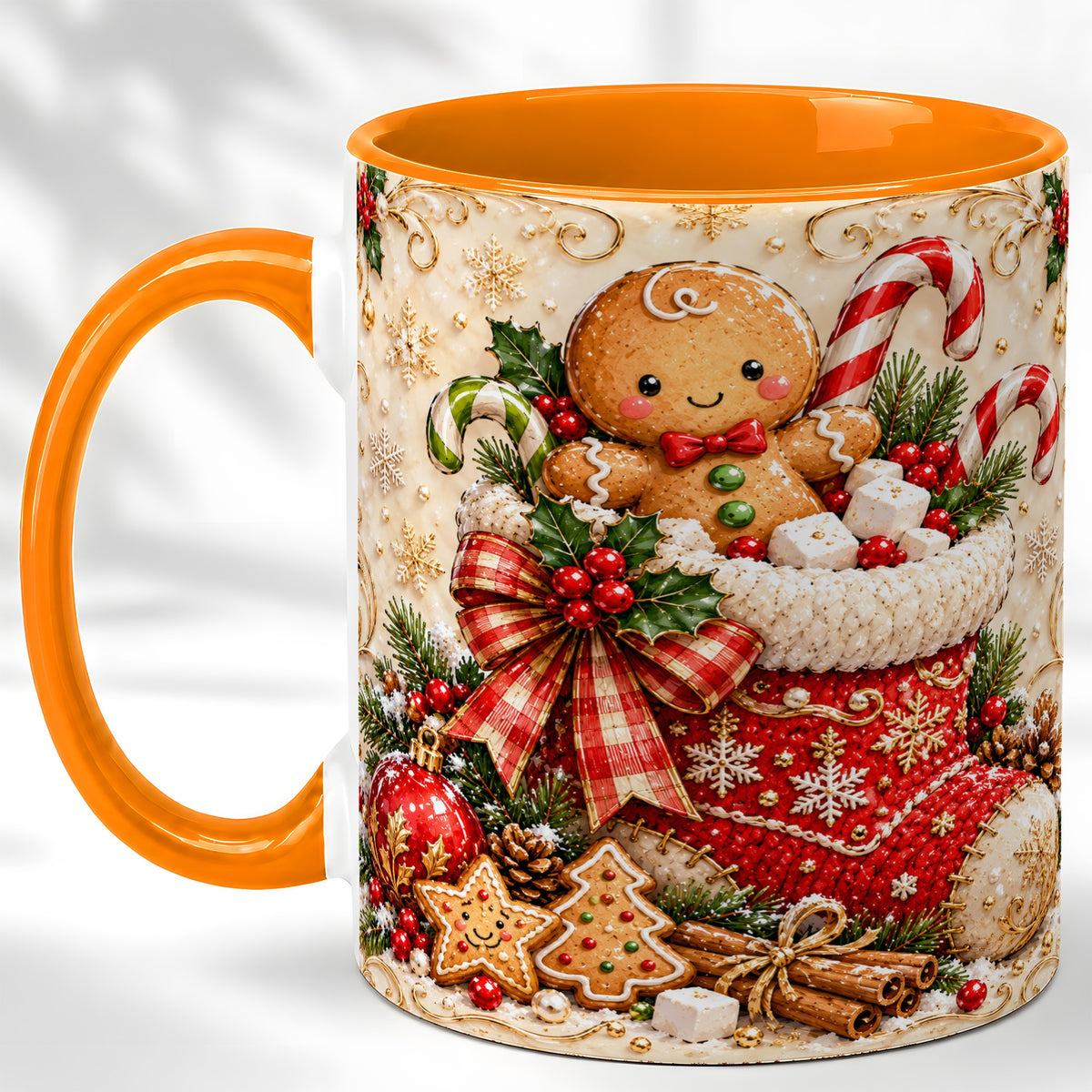 #pl[11oz|Orange] Ornate Gingerbread Coffee Mug, Christmas Cookie Mug, Ceramic Cup