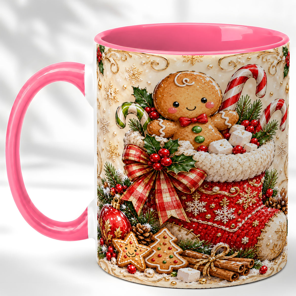 #pl[11oz|Pink] Ornate Gingerbread Coffee Mug, Christmas Cookie Mug, Ceramic Cup