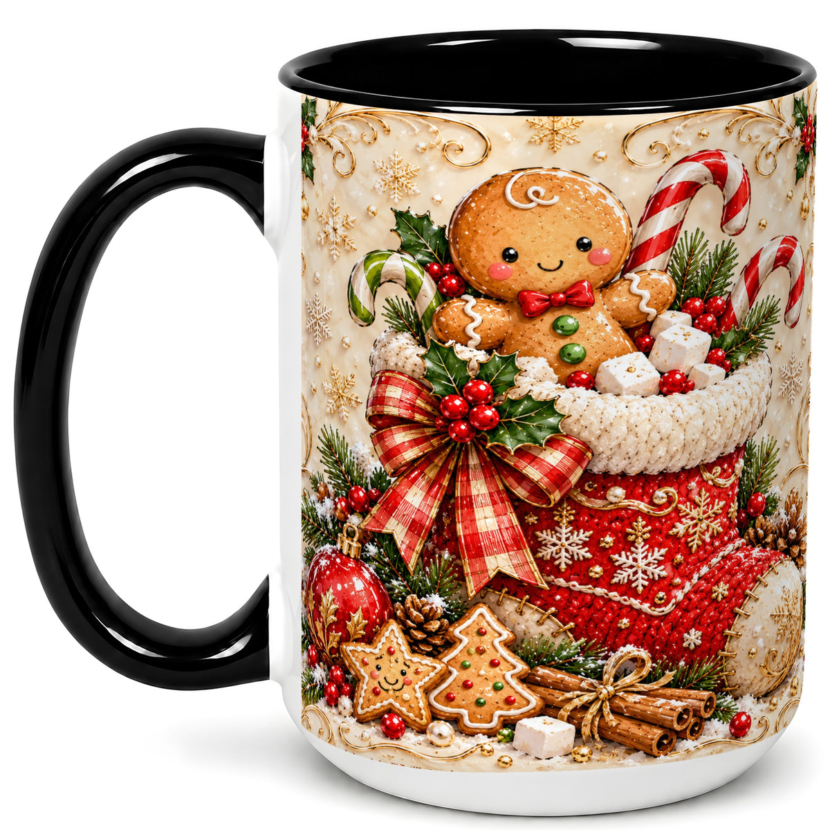 #pl[15oz|Black] Ornate Gingerbread Coffee Mug, Christmas Cookie Mug, Ceramic Cup