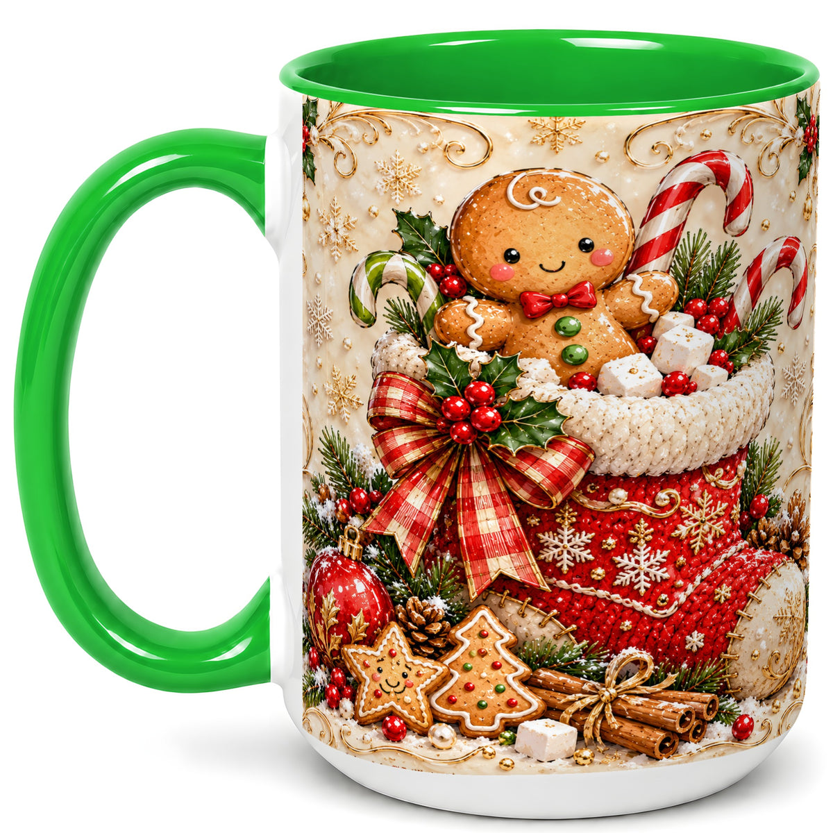 #pl[15oz|Green] Ornate Gingerbread Coffee Mug, Christmas Cookie Mug, Ceramic Cup