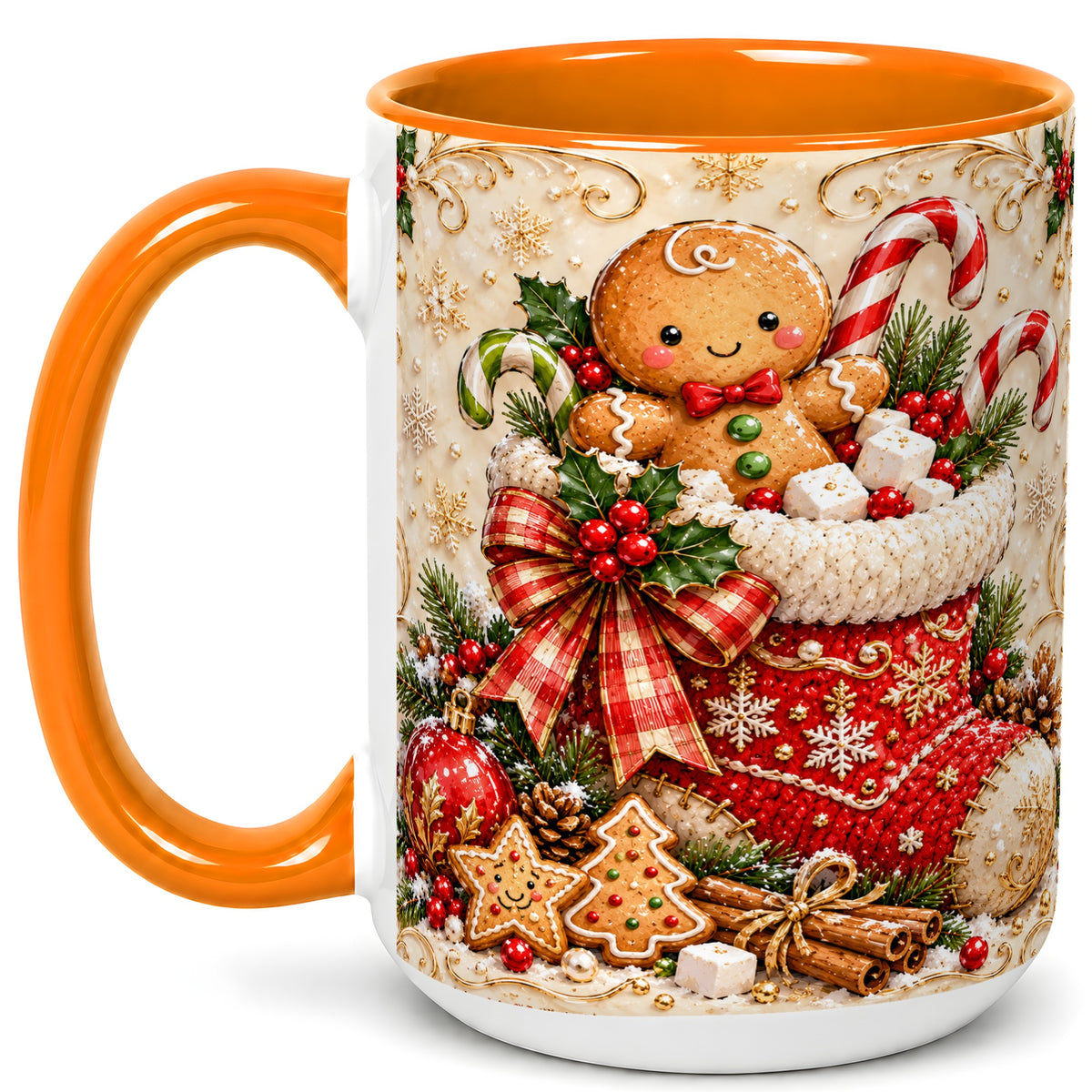 #pl[15oz|Orange] Ornate Gingerbread Coffee Mug, Christmas Cookie Mug, Ceramic Cup