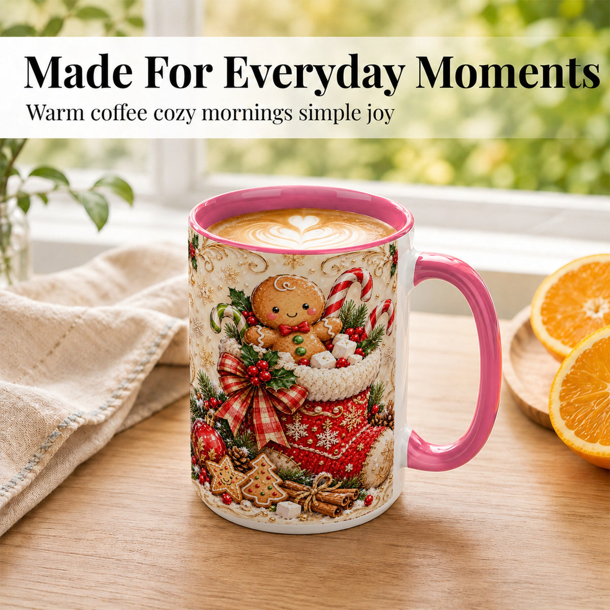 #pl[15oz|Pink] Ornate Gingerbread Coffee Mug, Christmas Cookie Mug, Ceramic Cup