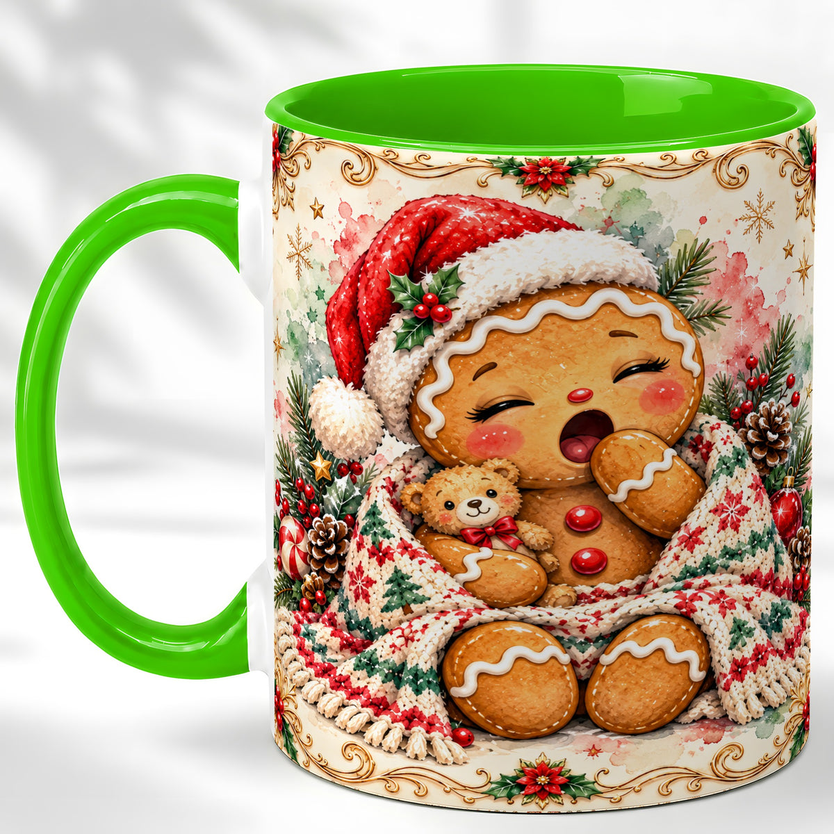 #pl[11oz|Green] Cozy Gingerbread Coffee Mug, Christmas Cookie Mug, Ceramic Cup
