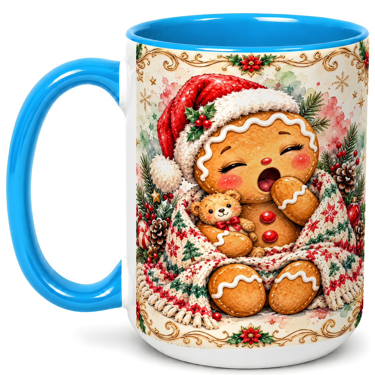 #pl[15oz|Blue] Cozy Gingerbread Coffee Mug, Christmas Cookie Mug, Ceramic Cup