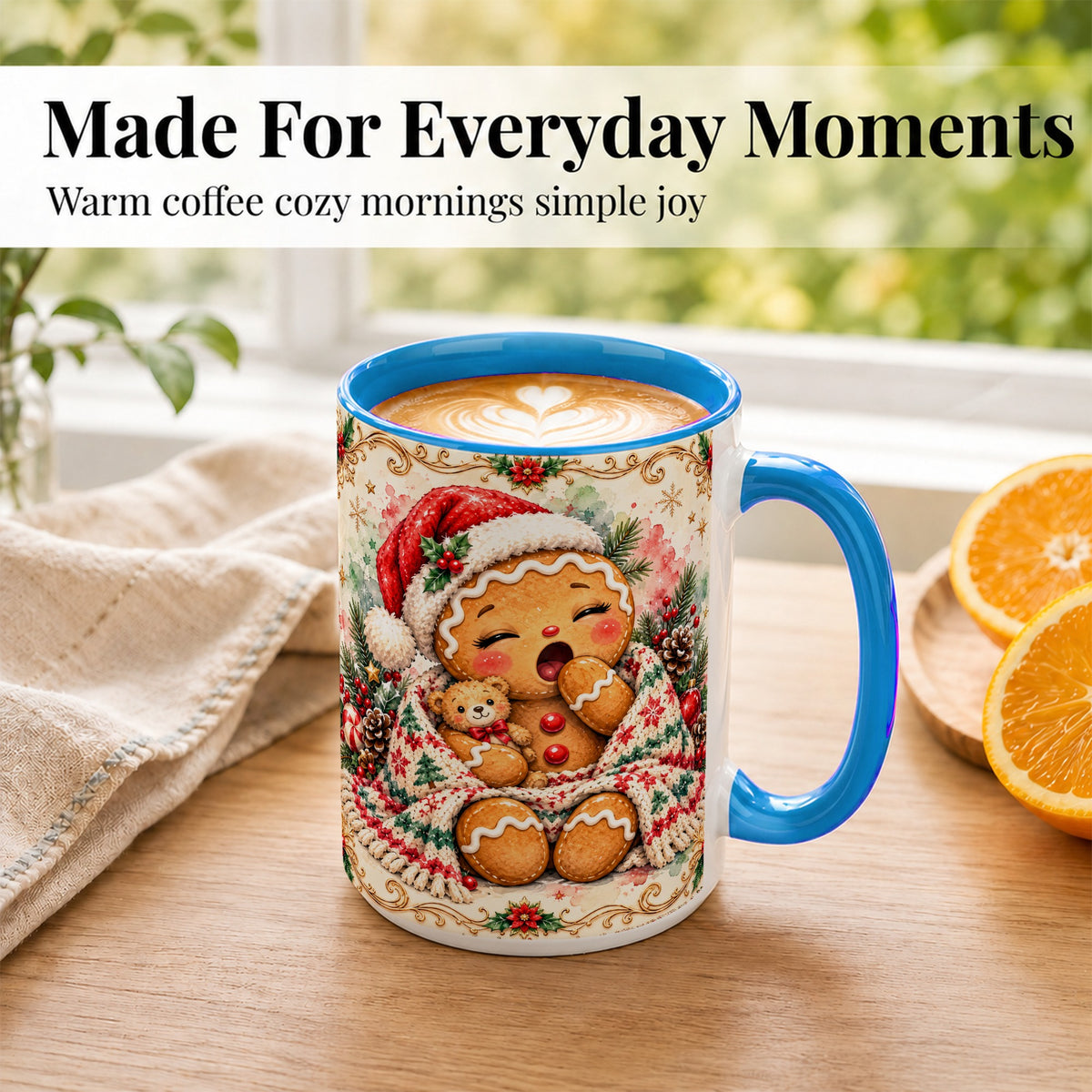 #pl[15oz|Blue] Cozy Gingerbread Coffee Mug, Christmas Cookie Mug, Ceramic Cup