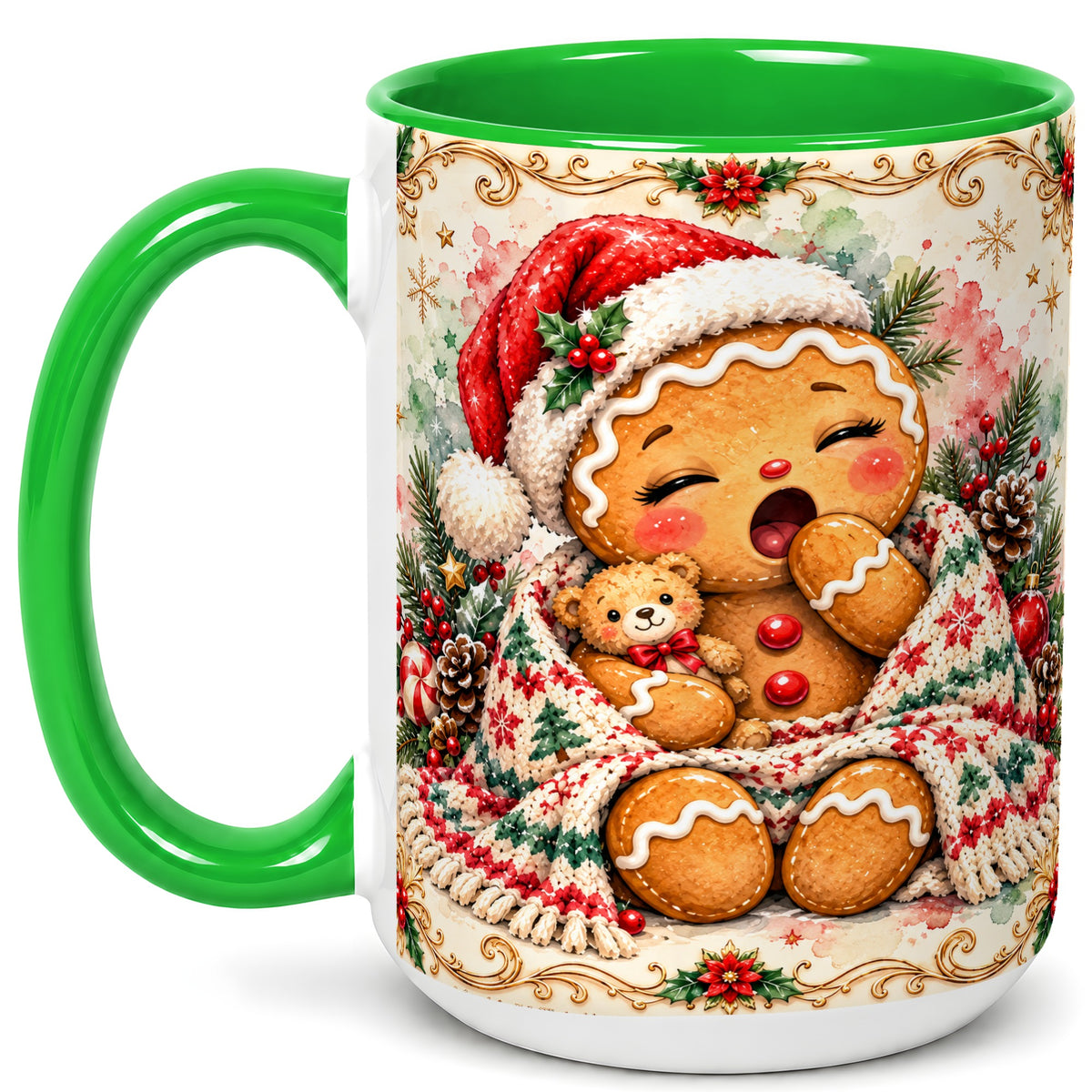 #pl[15oz|Green] Cozy Gingerbread Coffee Mug, Christmas Cookie Mug, Ceramic Cup