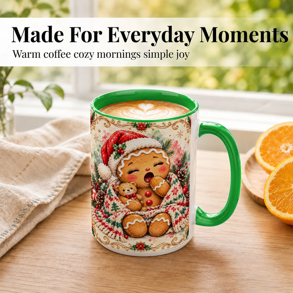 #pl[15oz|Green] Cozy Gingerbread Coffee Mug, Christmas Cookie Mug, Ceramic Cup