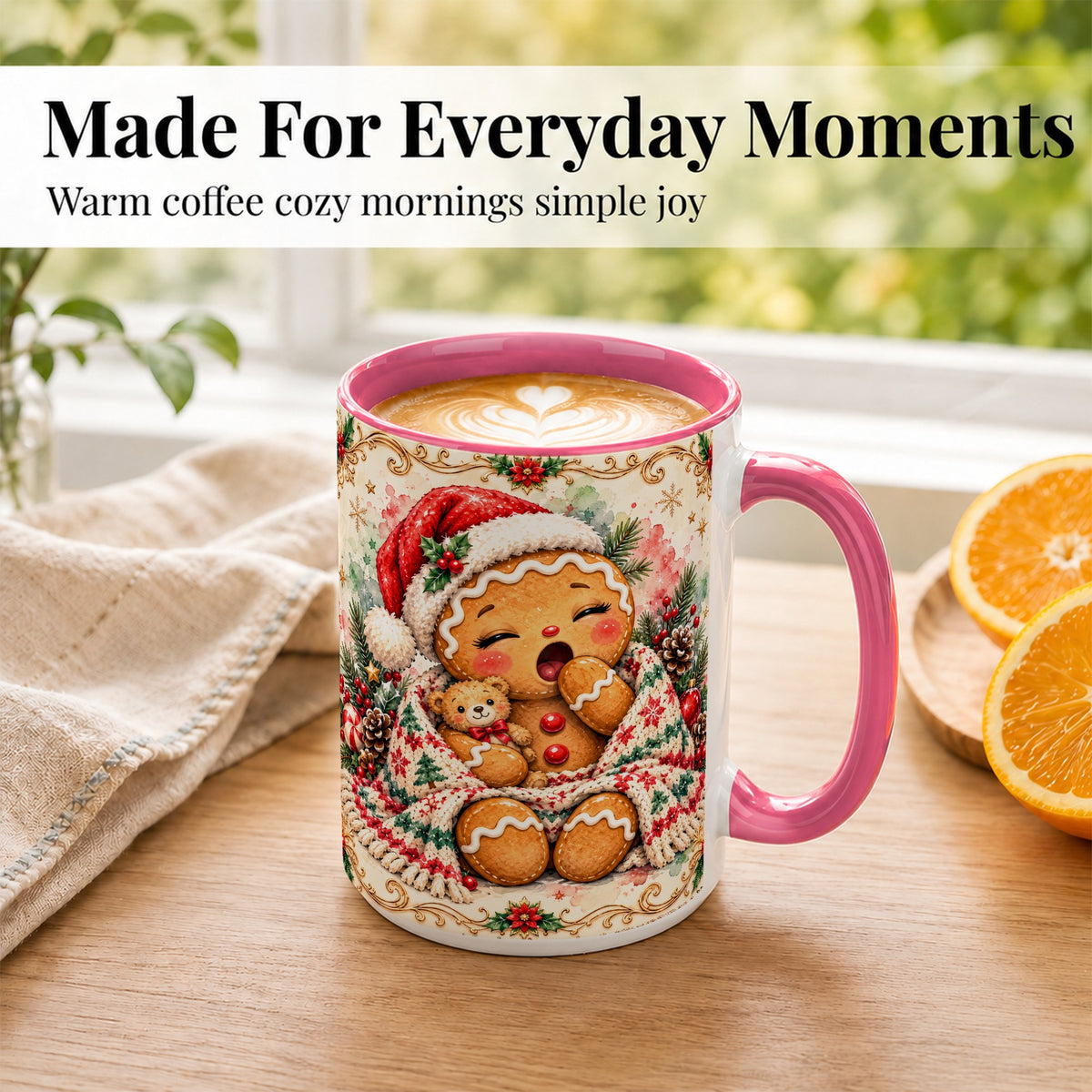 #pl[15oz|Pink] Cozy Gingerbread Coffee Mug, Christmas Cookie Mug, Ceramic Cup