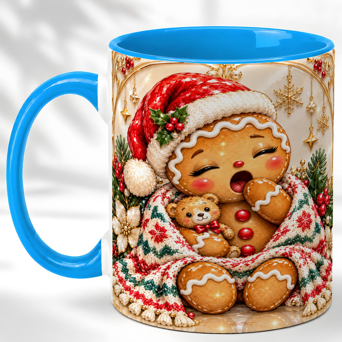#pl[11oz|Blue] Cozy Gingerbread Coffee Mug, Winter Cookie Mug, Ceramic Cup