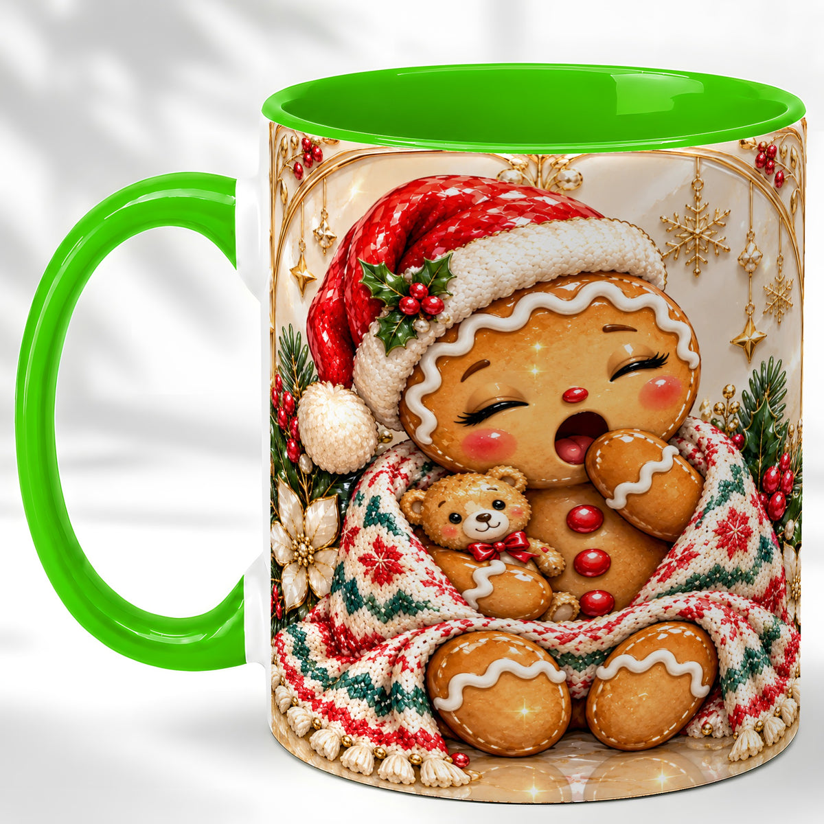 #pl[11oz|Green] Cozy Gingerbread Coffee Mug, Winter Cookie Mug, Ceramic Cup