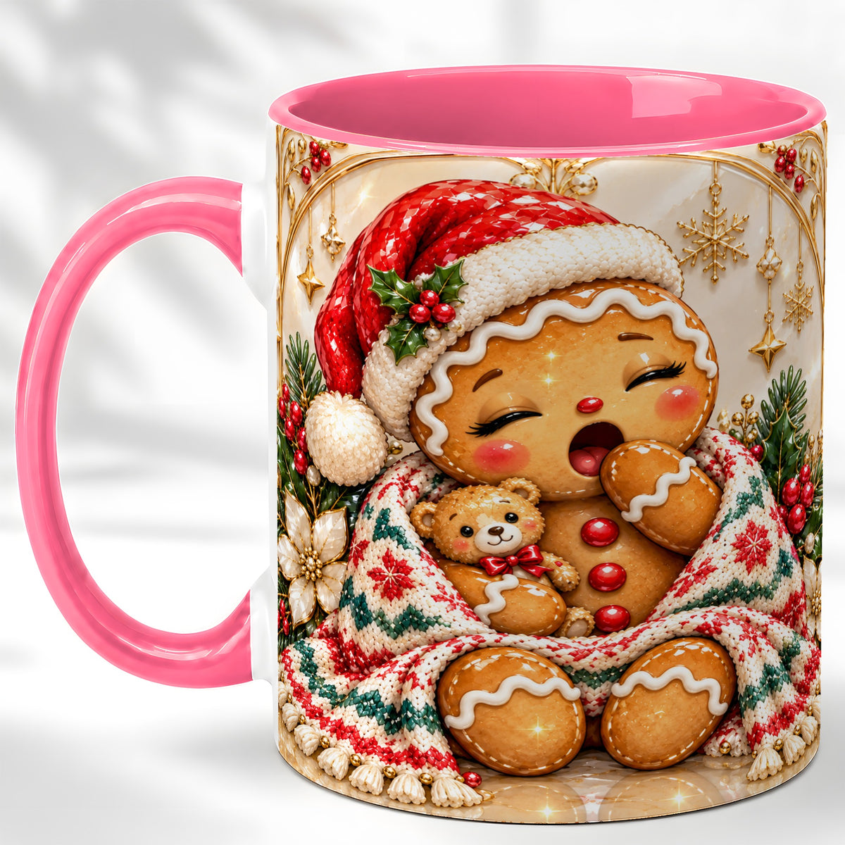 #pl[11oz|Pink] Cozy Gingerbread Coffee Mug, Winter Cookie Mug, Ceramic Cup