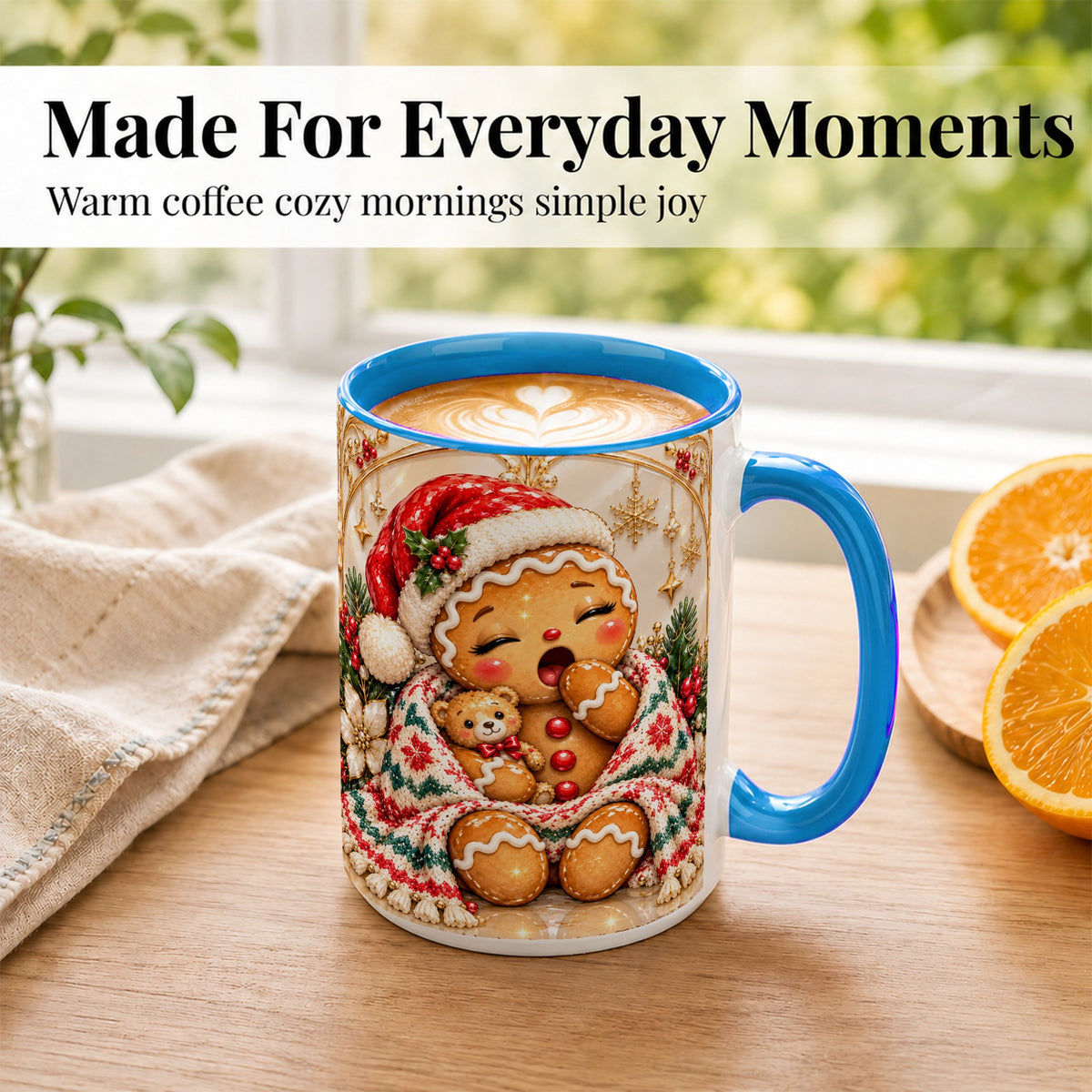 #pl[15oz|Blue] Cozy Gingerbread Coffee Mug, Winter Cookie Mug, Ceramic Cup