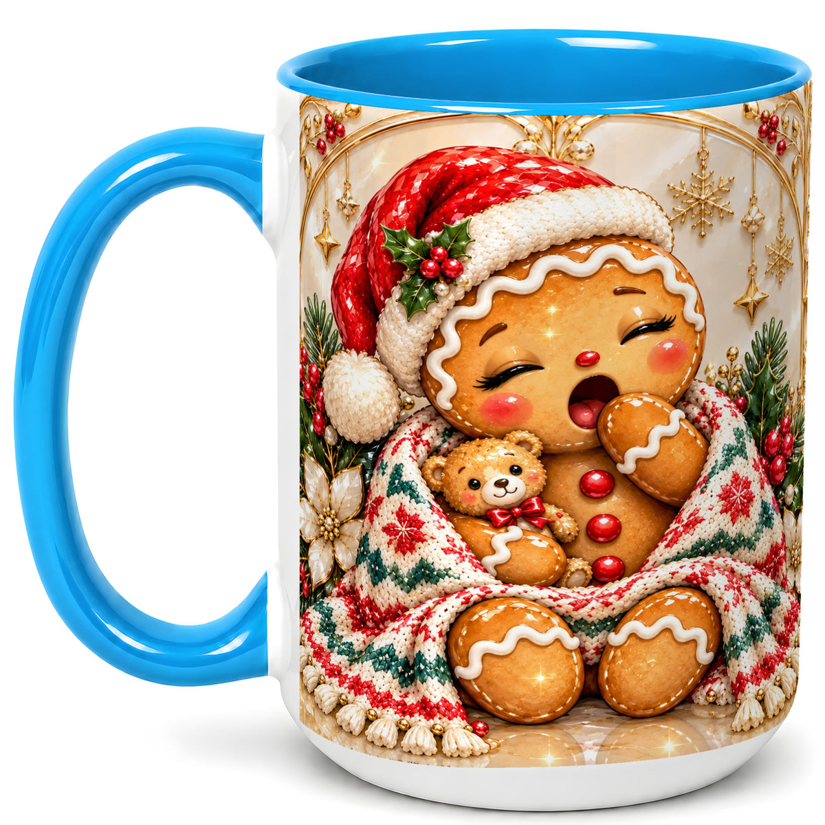 #pl[15oz|Blue] Cozy Gingerbread Coffee Mug, Winter Cookie Mug, Ceramic Cup