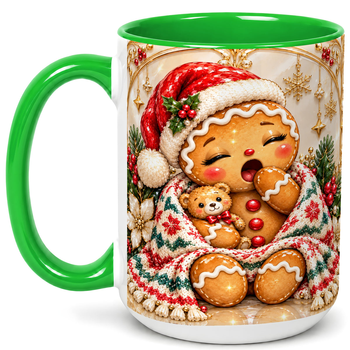 #pl[15oz|Green] Cozy Gingerbread Coffee Mug, Winter Cookie Mug, Ceramic Cup