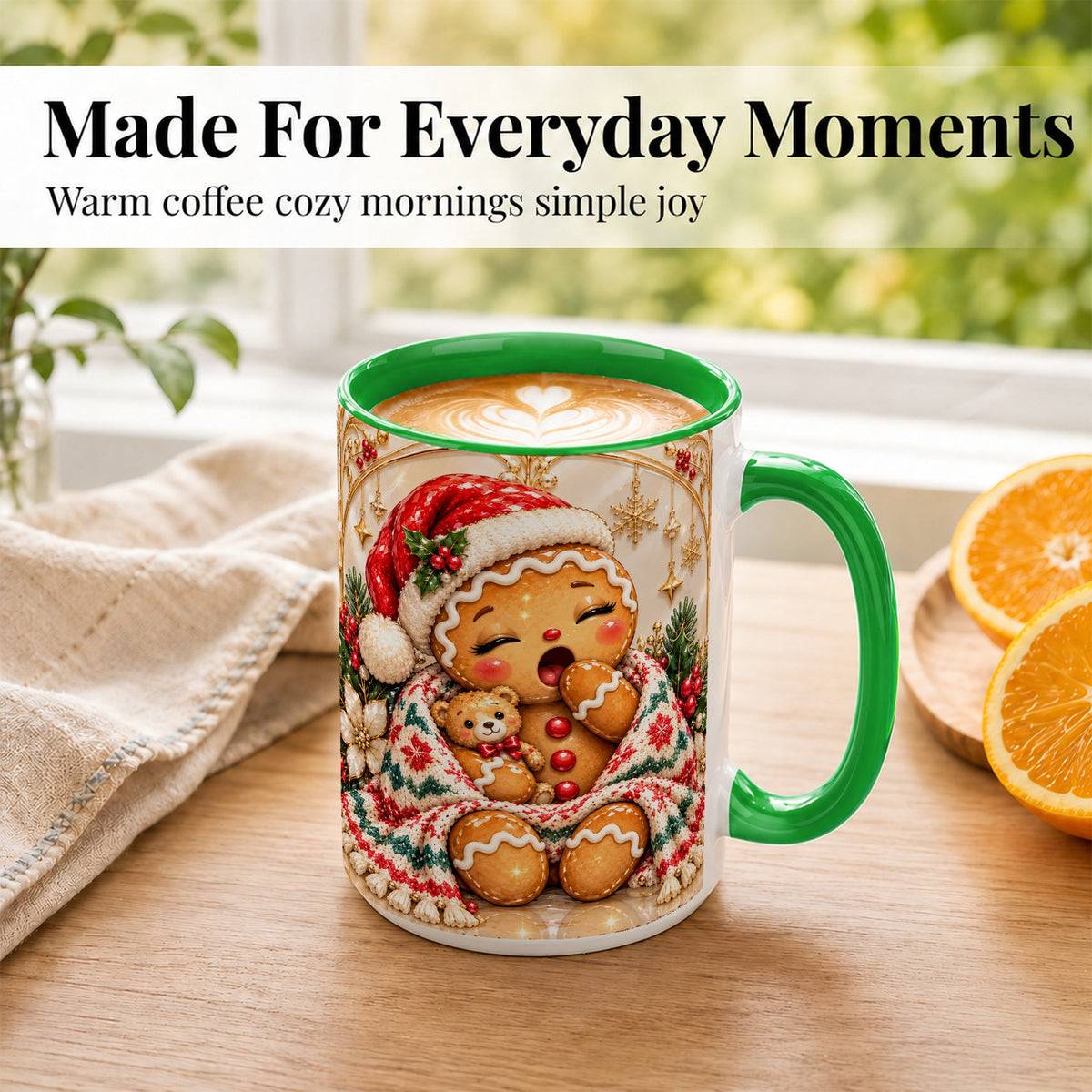 #pl[15oz|Green] Cozy Gingerbread Coffee Mug, Winter Cookie Mug, Ceramic Cup