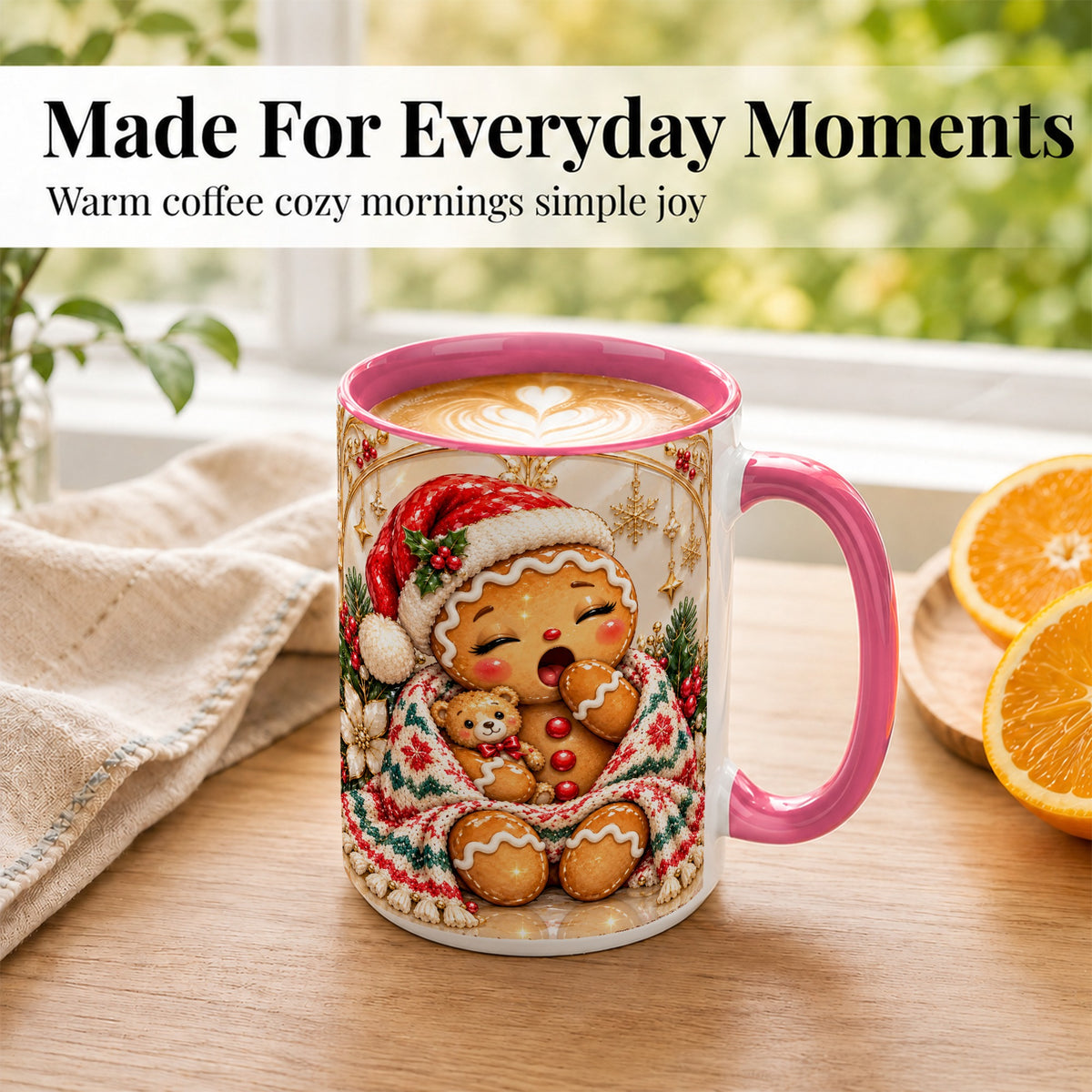 #pl[15oz|Pink] Cozy Gingerbread Coffee Mug, Winter Cookie Mug, Ceramic Cup