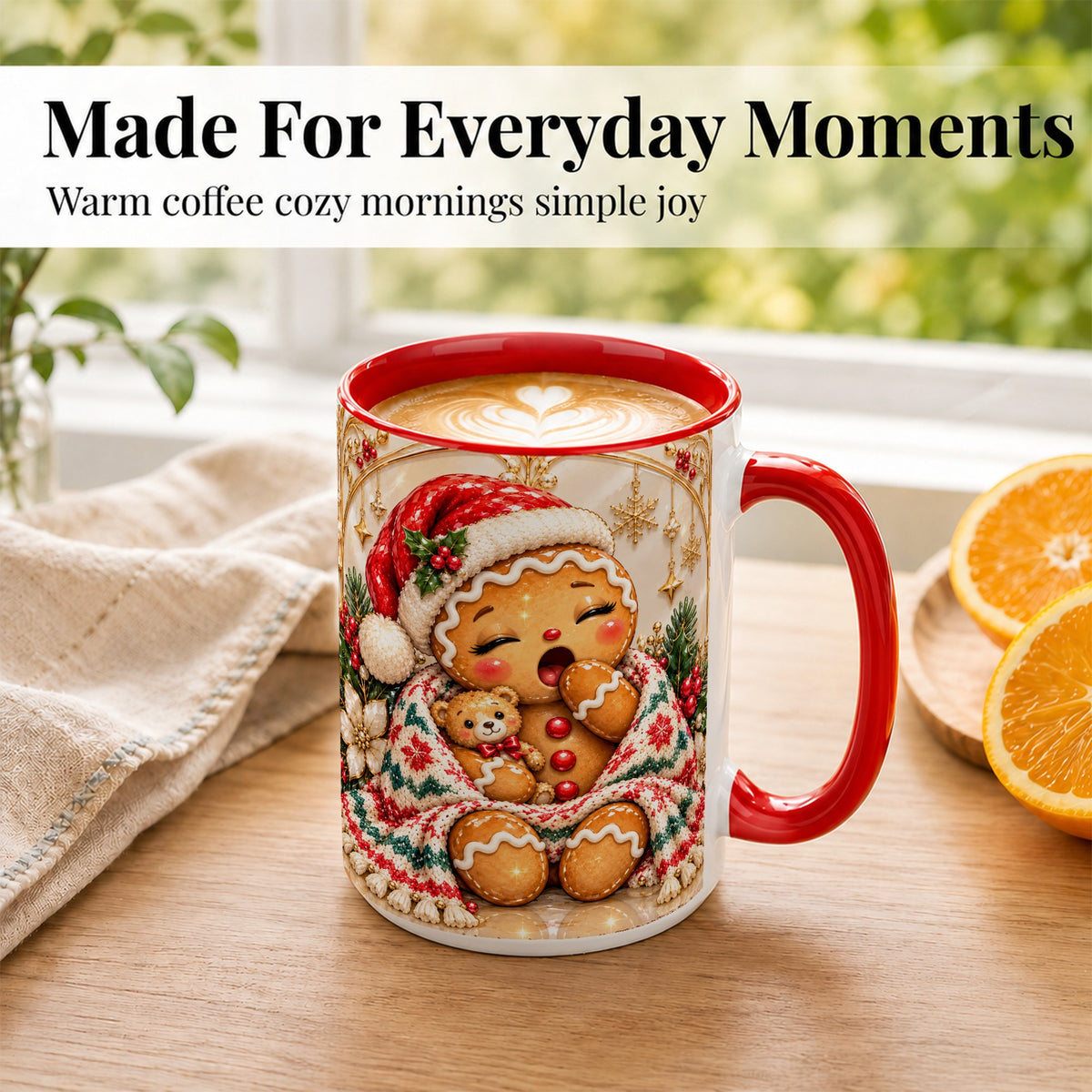 #pl[15oz|Red] Cozy Gingerbread Coffee Mug, Winter Cookie Mug, Ceramic Cup