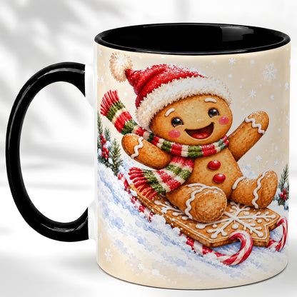 #pl[11oz|Black] Gingerbread Sledding Coffee Mug, Christmas Cookie Mug, Ceramic Cup