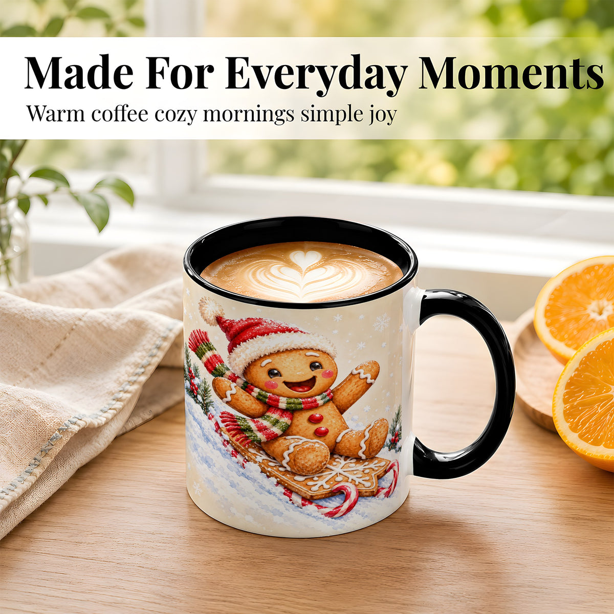 #pl[11oz|Black] Gingerbread Sledding Coffee Mug, Christmas Cookie Mug, Ceramic Cup