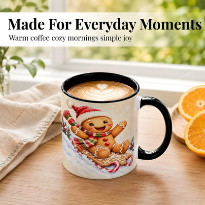 #pl[11oz|Black] Gingerbread Sledding Coffee Mug, Christmas Cookie Mug, Ceramic Cup