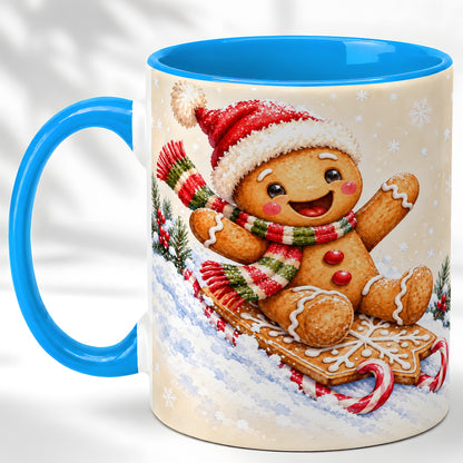 #pl[11oz|Blue] Gingerbread Sledding Coffee Mug, Christmas Cookie Mug, Ceramic Cup