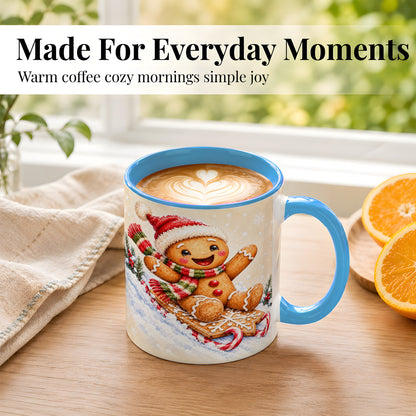 #pl[11oz|Blue] Gingerbread Sledding Coffee Mug, Christmas Cookie Mug, Ceramic Cup