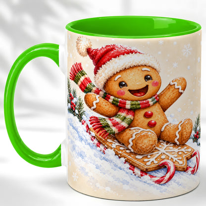 #pl[11oz|Green] Gingerbread Sledding Coffee Mug, Christmas Cookie Mug, Ceramic Cup
