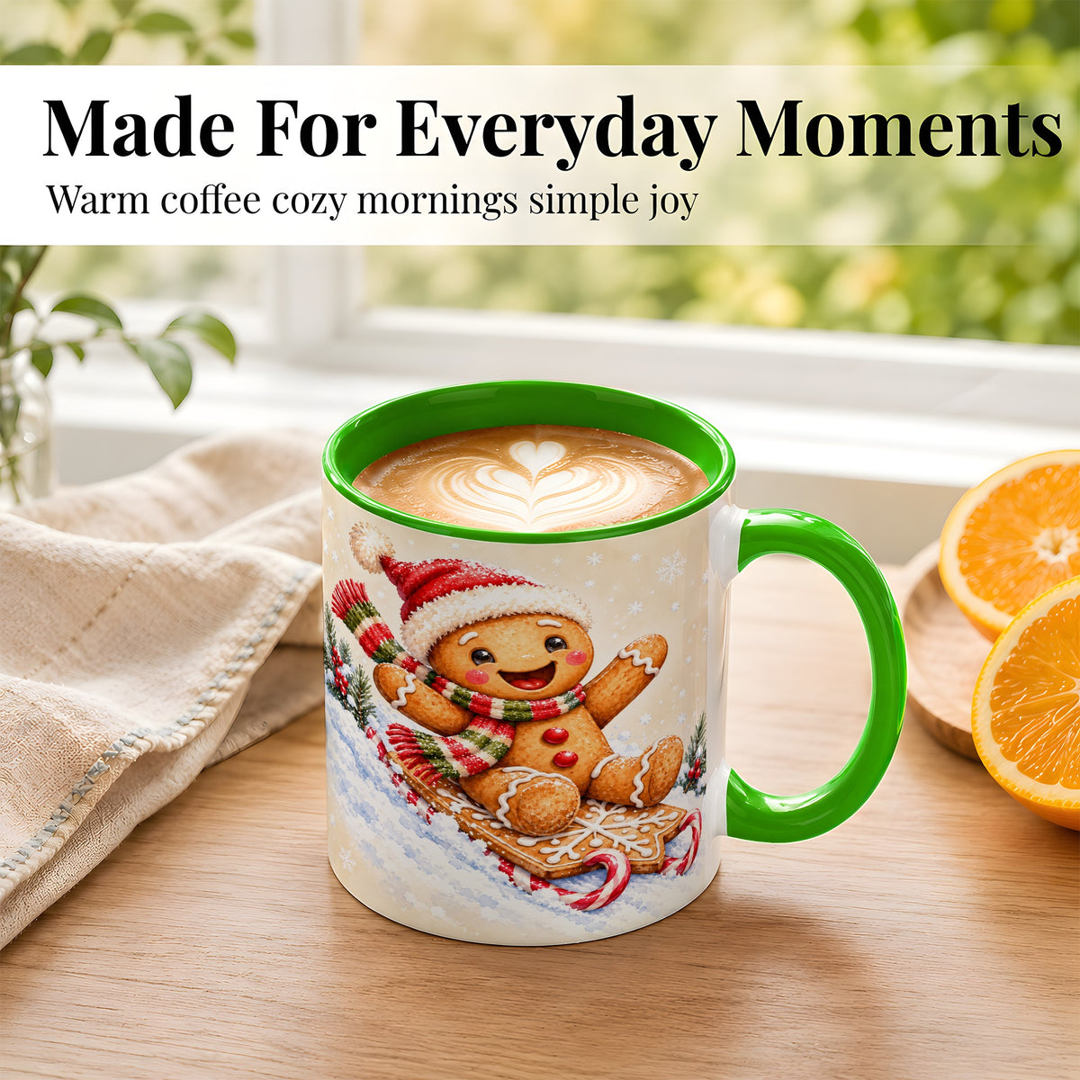 #pl[11oz|Green] Gingerbread Sledding Coffee Mug, Christmas Cookie Mug, Ceramic Cup