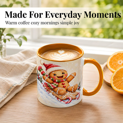 #pl[11oz|Orange] Gingerbread Sledding Coffee Mug, Christmas Cookie Mug, Ceramic Cup