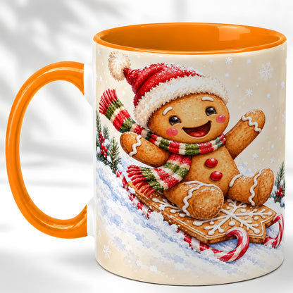 #pl[11oz|Orange] Gingerbread Sledding Coffee Mug, Christmas Cookie Mug, Ceramic Cup