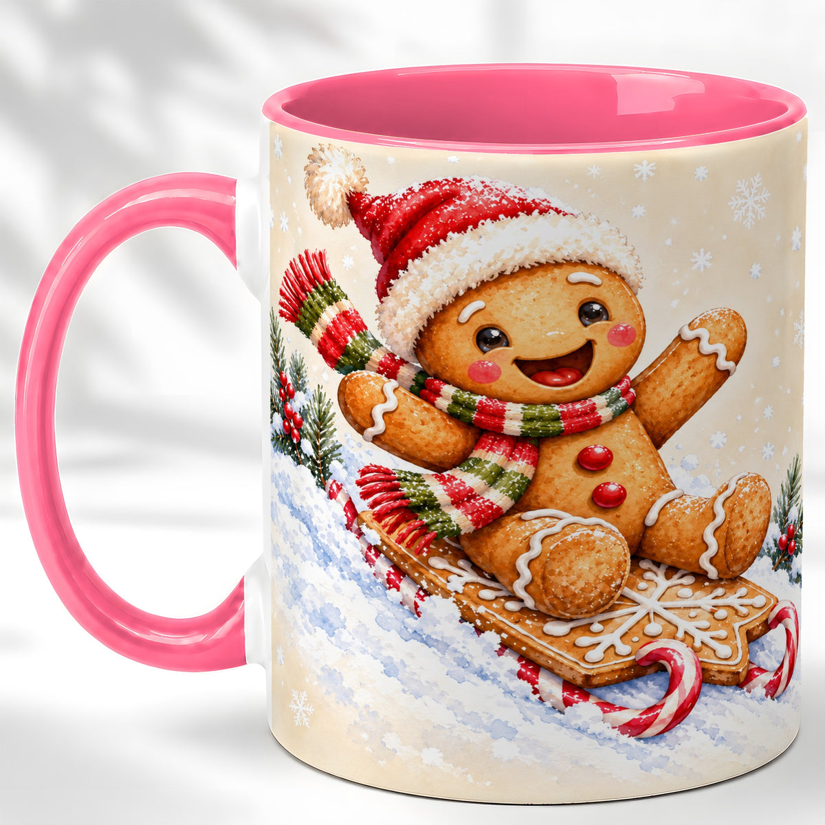 #pl[11oz|Pink] Gingerbread Sledding Coffee Mug, Christmas Cookie Mug, Ceramic Cup