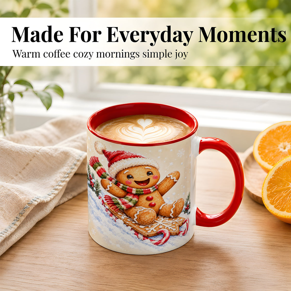 #pl[11oz|Red] Gingerbread Sledding Coffee Mug, Christmas Cookie Mug, Ceramic Cup