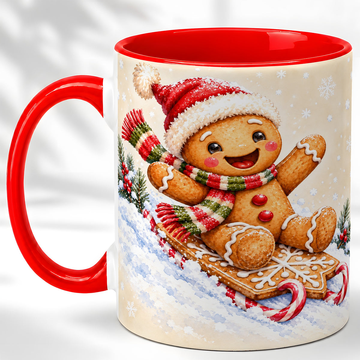 Gingerbread Sledding Coffee Mug, Christmas Cookie Mug, Ceramic Cup