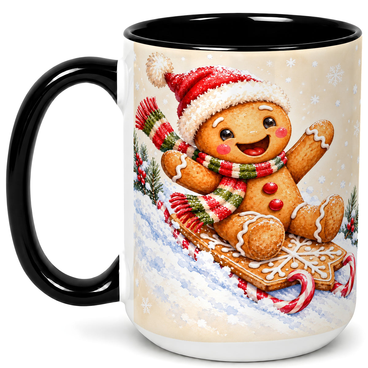 #pl[15oz|Black] Gingerbread Sledding Coffee Mug, Christmas Cookie Mug, Ceramic Cup