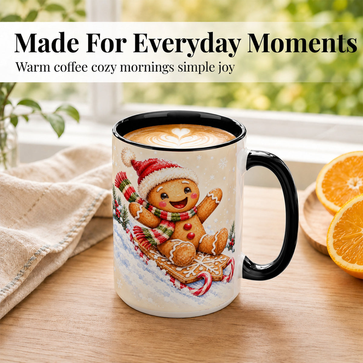 #pl[15oz|Black] Gingerbread Sledding Coffee Mug, Christmas Cookie Mug, Ceramic Cup