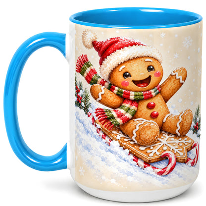 #pl[15oz|Blue] Gingerbread Sledding Coffee Mug, Christmas Cookie Mug, Ceramic Cup
