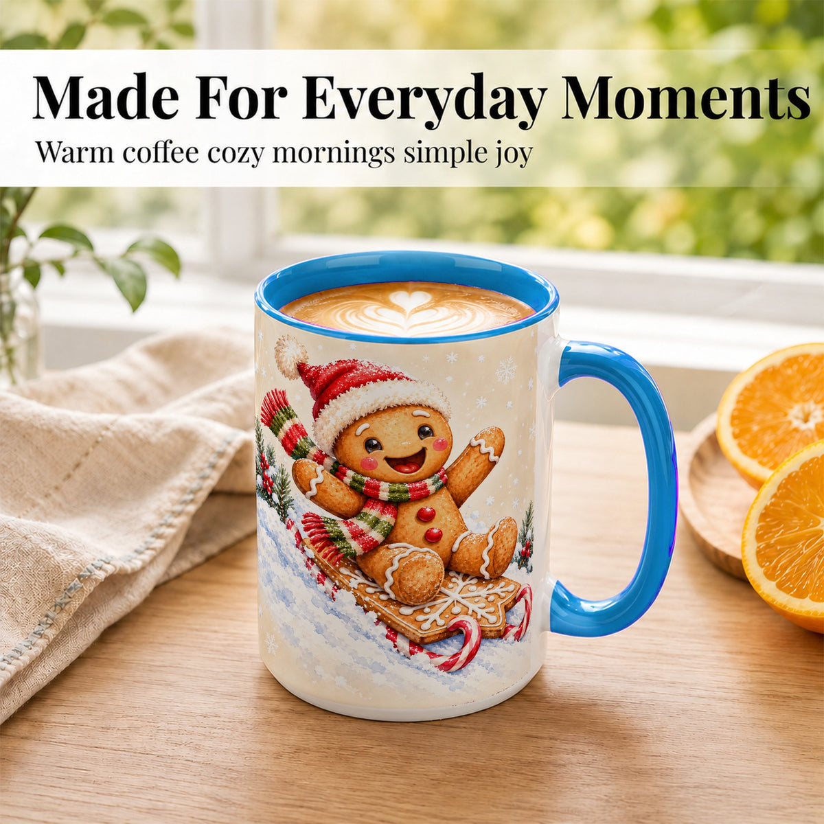 #pl[15oz|Blue] Gingerbread Sledding Coffee Mug, Christmas Cookie Mug, Ceramic Cup