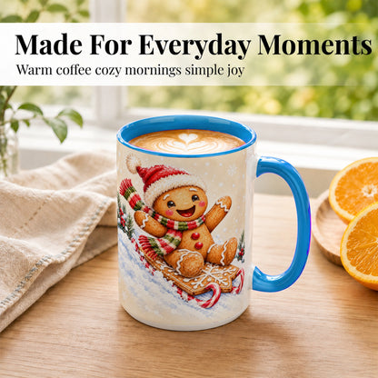 #pl[15oz|Blue] Gingerbread Sledding Coffee Mug, Christmas Cookie Mug, Ceramic Cup