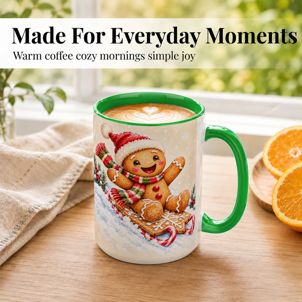 #pl[15oz|Green] Gingerbread Sledding Coffee Mug, Christmas Cookie Mug, Ceramic Cup