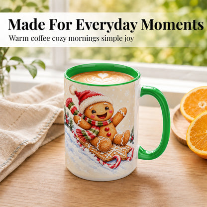 #pl[15oz|Green] Gingerbread Sledding Coffee Mug, Christmas Cookie Mug, Ceramic Cup