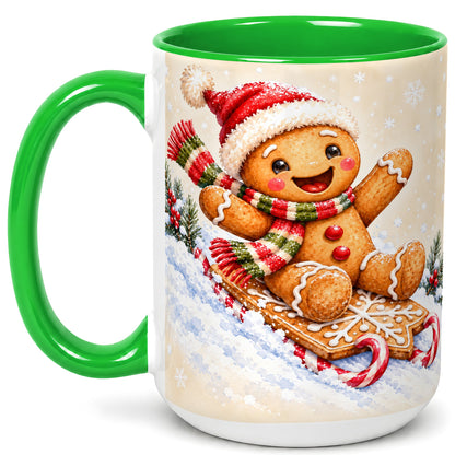 #pl[15oz|Green] Gingerbread Sledding Coffee Mug, Christmas Cookie Mug, Ceramic Cup